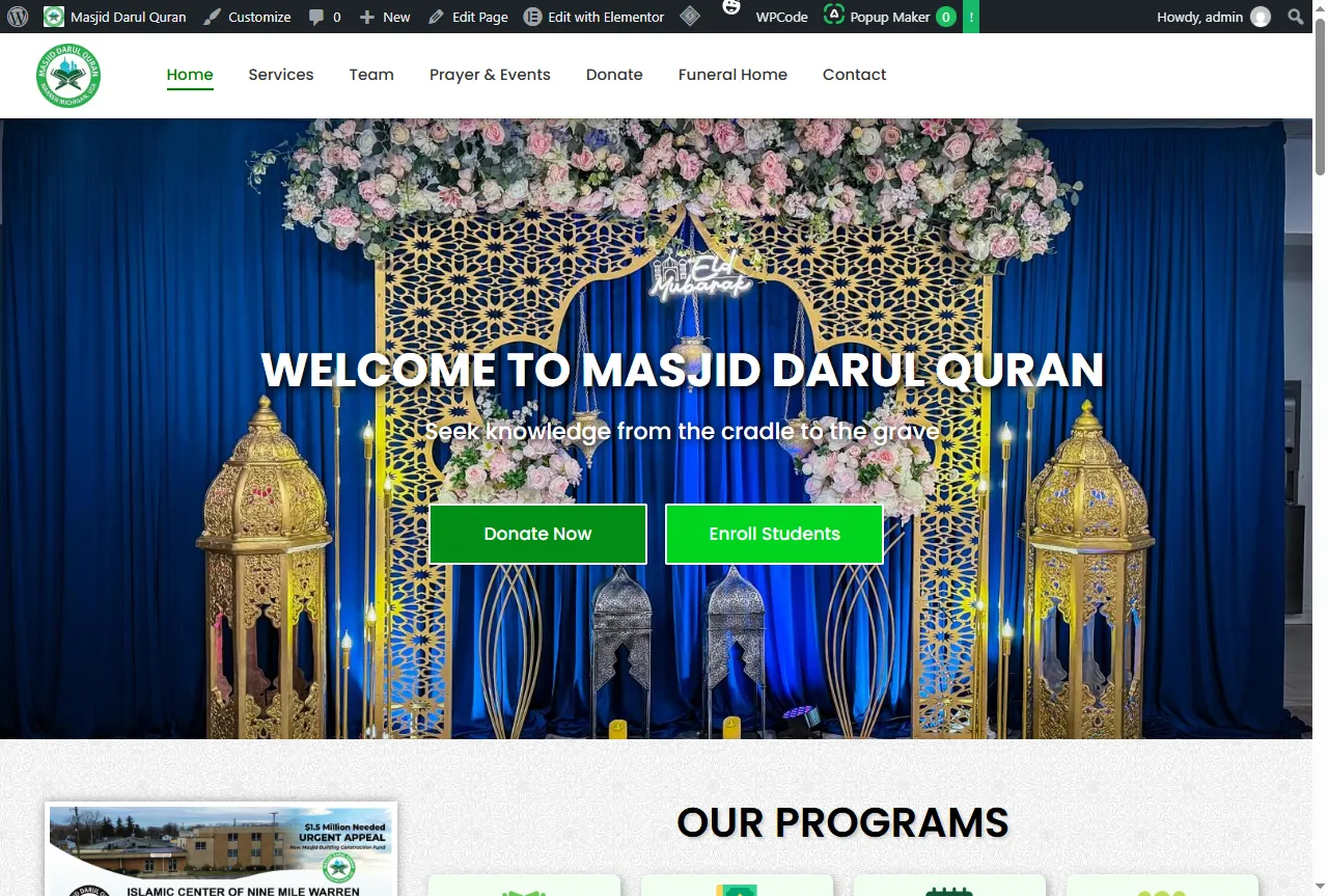Masjid Darul Quran website designed by WebGrowCraft